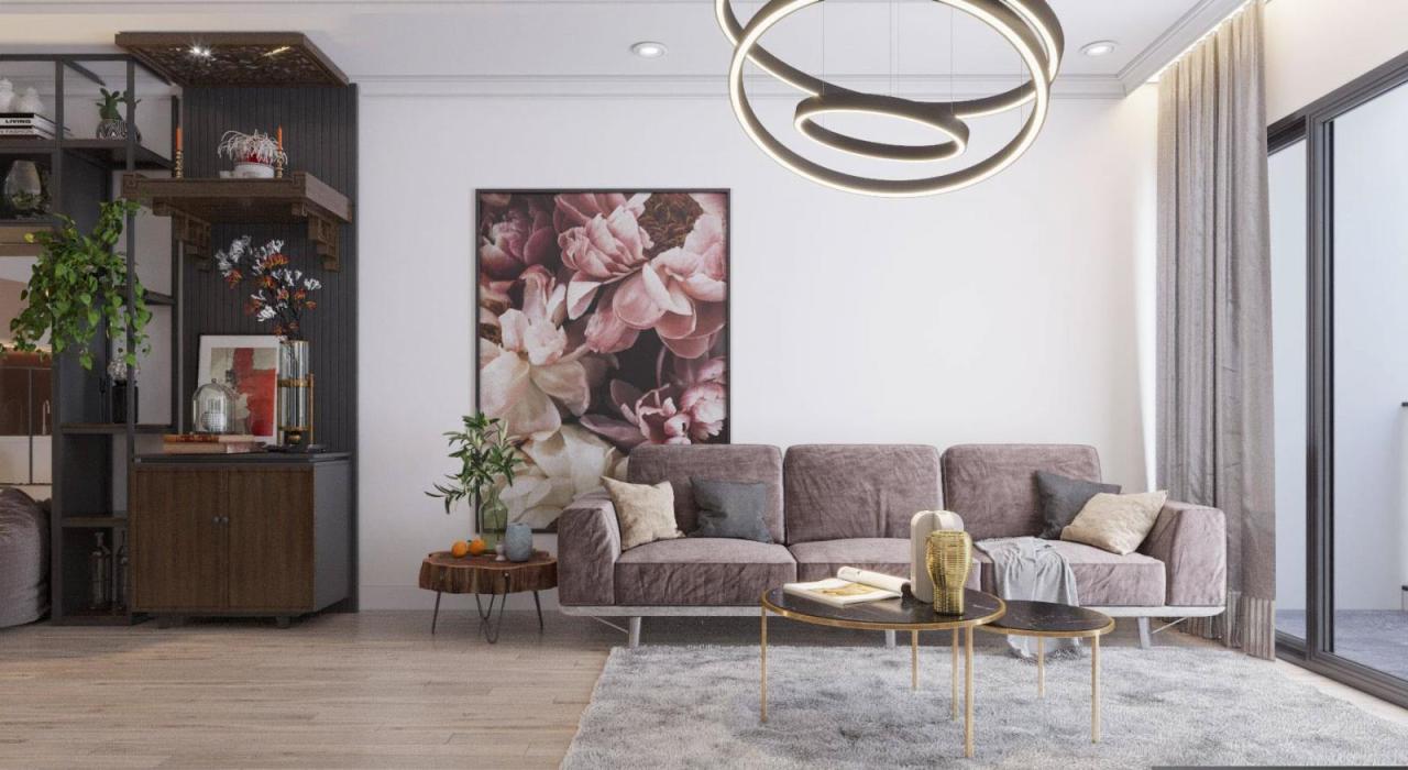 Phòng khách tối giản với điểm nhấn ấn tượng là tranh nghệ thuật treo tường khổ lớn. Thảm trải sàn hài hòa cùng tông màu của ghế sofa và rèm cửa tạo tổng thể đồng điệu, đẹp mắt.